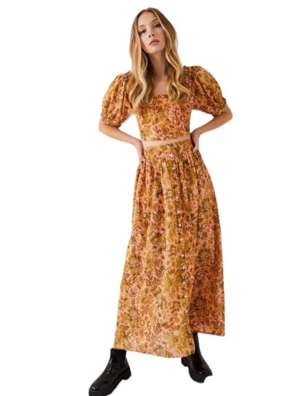LUNA MOON 2-Pce Set Ruffled SS Blouse & Tiered Maxi Skirt Orange Multi Floral L